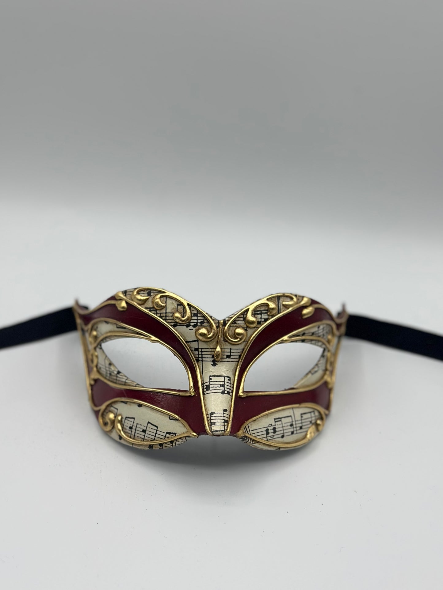 Masque vénitien avec notes de musique – Masque baroque rouge et or | Carnaval | Soirée costumée | Bal masqué