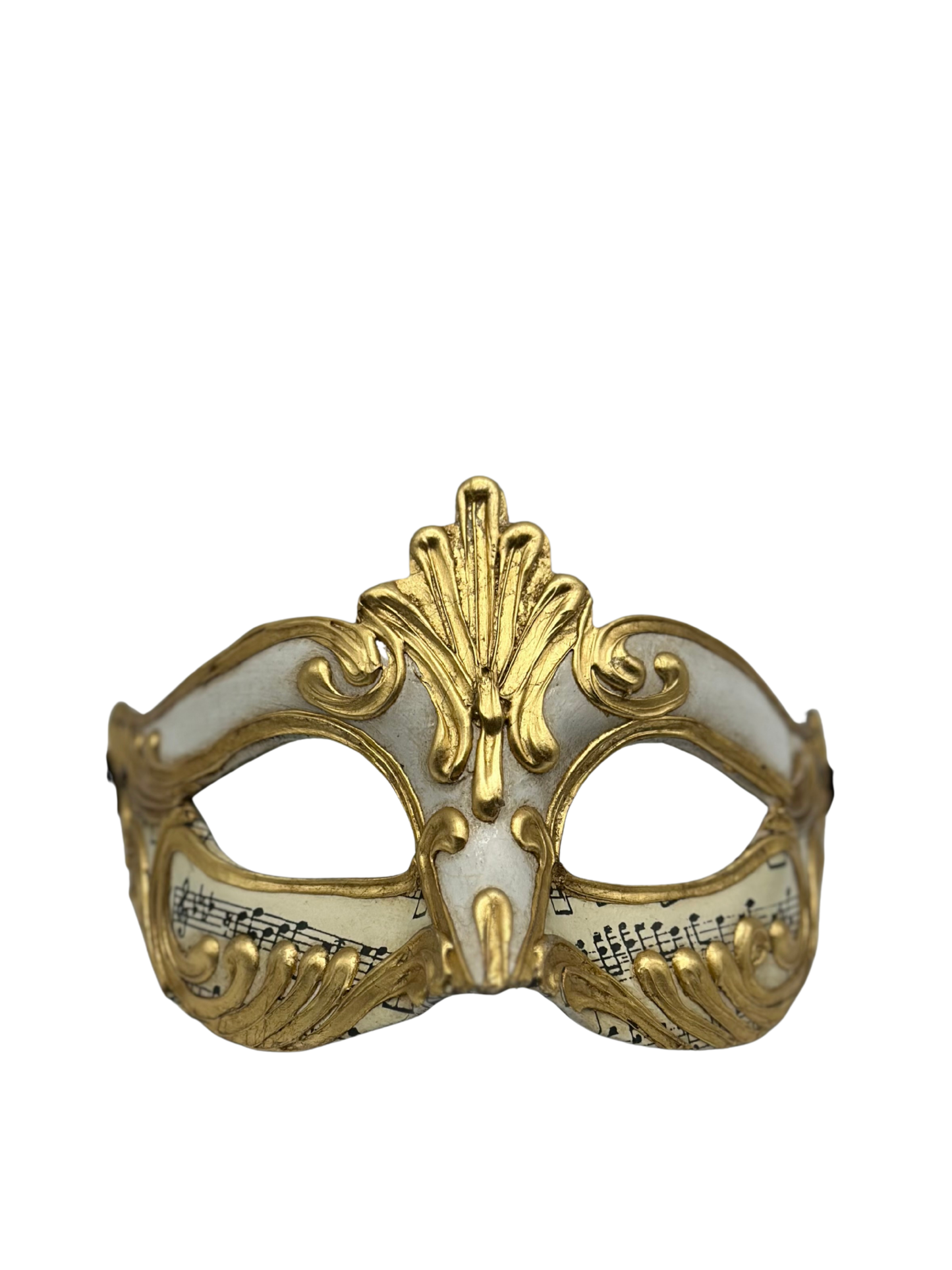 Máscara Veneciana Media – Blanco y Oro con Notas Musicales