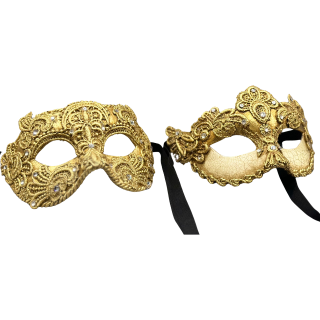 Two luxury Venetian ball masks - man and woman - in golden lace. Couples masquerade mask set.