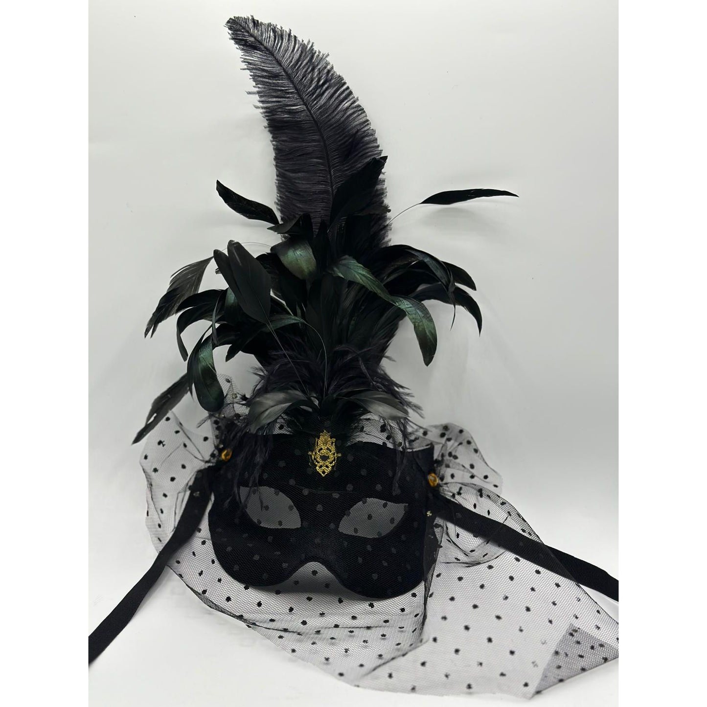 Luxusmaske mit Federn - Schwarze Maske mit Federn - Samtmaske