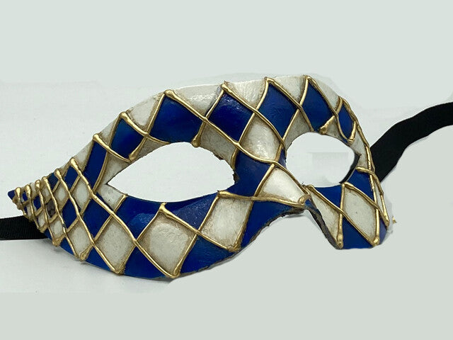 Máscara de arlequín veneciano - Azul y blanca con detalles dorados - Papel maché hecho a mano
