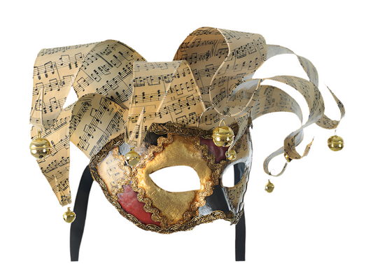 Venetian Jolly Mask with Musical Notes and Golden Bells – Handmade Carnival & Masquerade Mask
