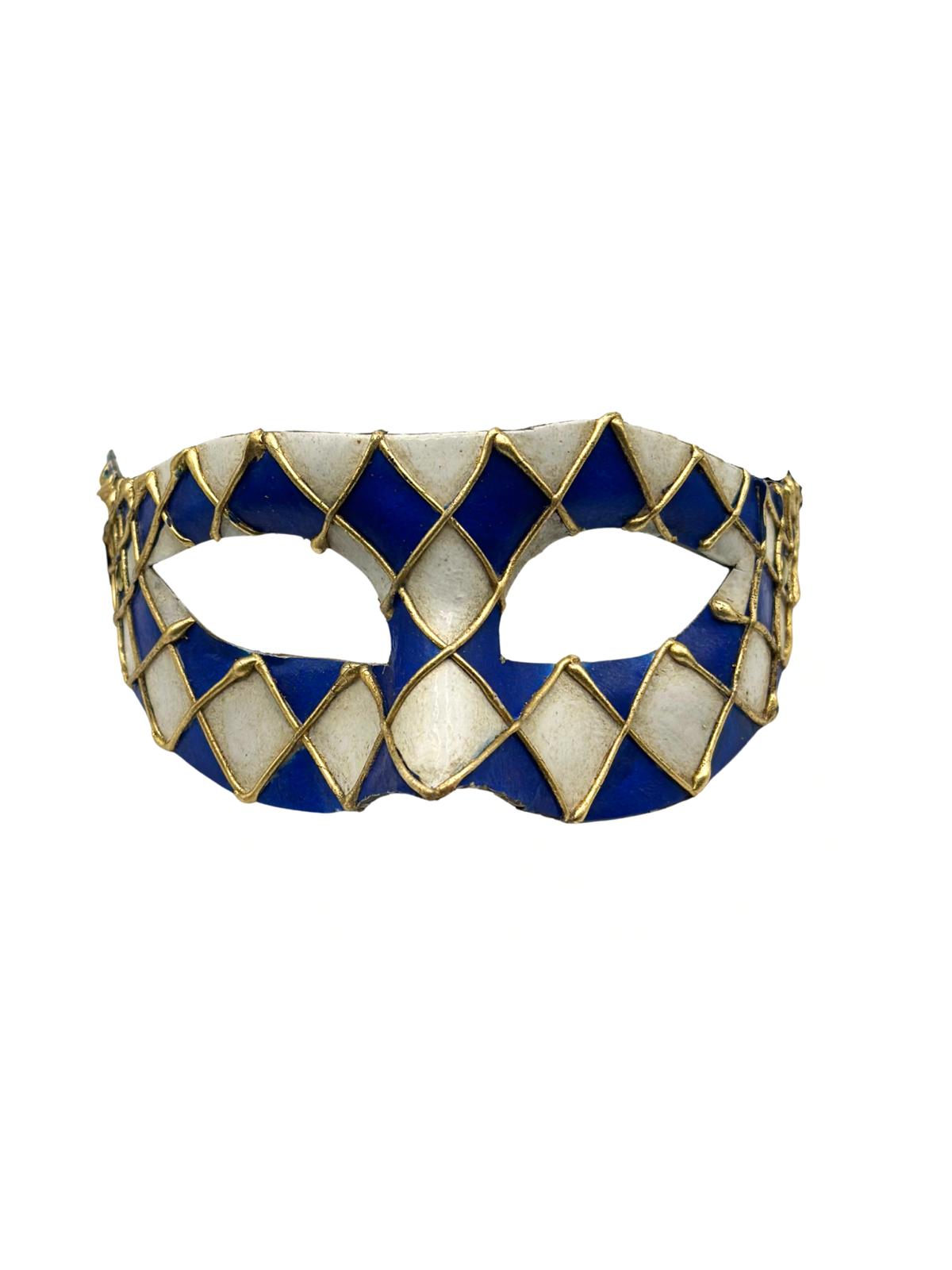 Venetian Harlequin Mask – Blue & White with Gold Details – Handmade Papier Mache