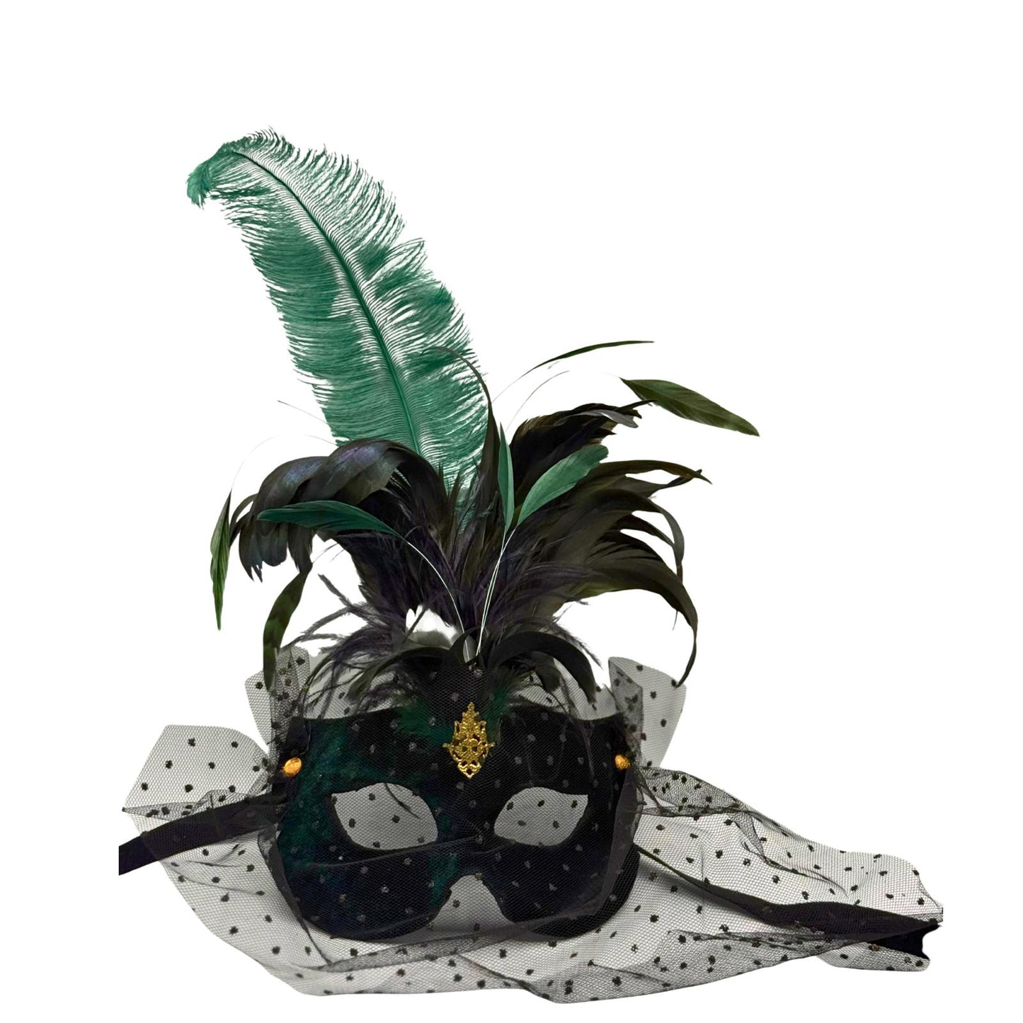 Máscara Veneciana de Plumas de Lujo – Máscara de Terciopelo Verde para Mascarada