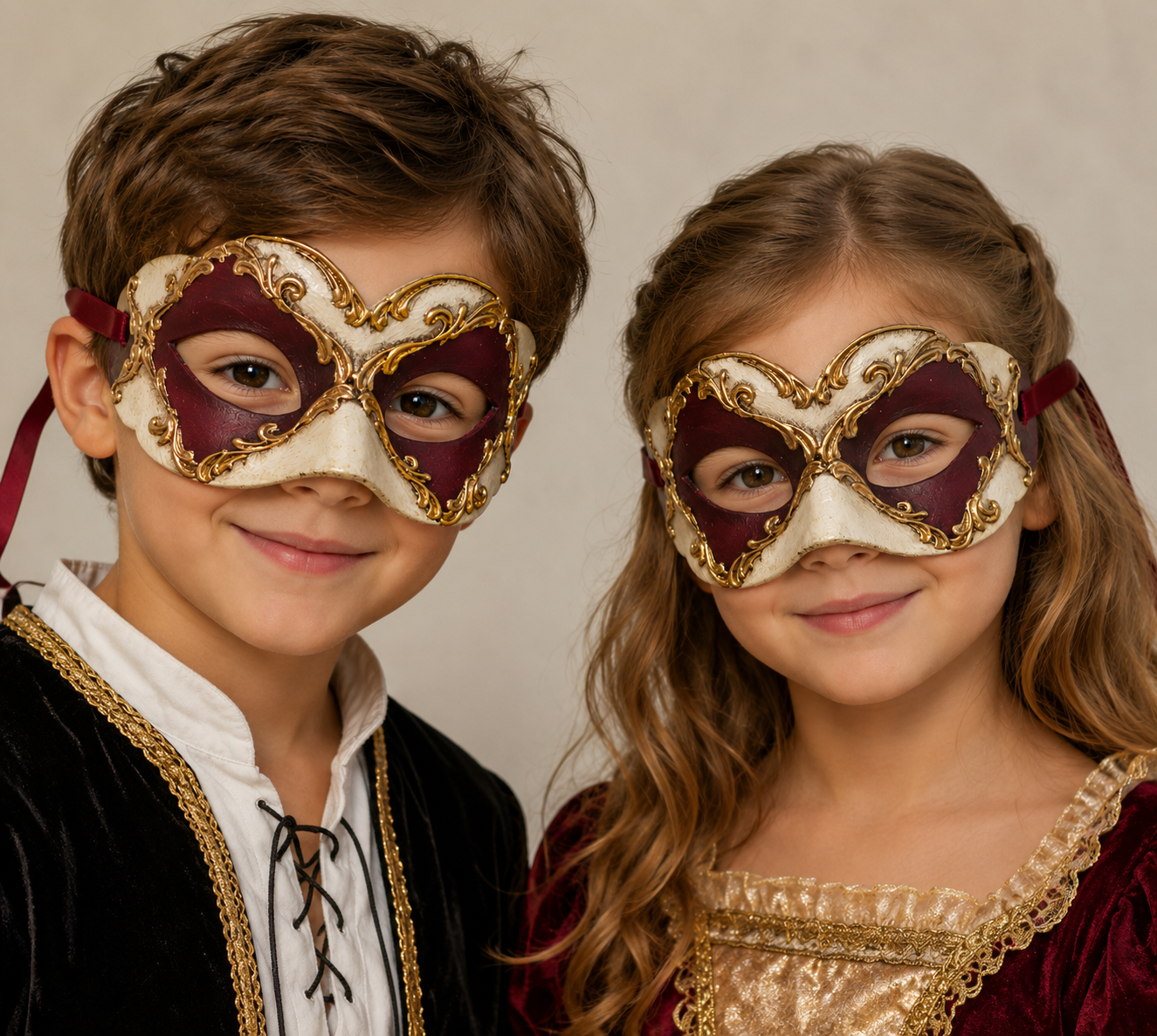 Masque vénitien pour enfant - Bordeaux, Ivoire et Or