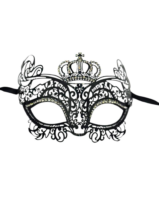 Máscara de mascarada para mujer "la corona" - Máscara veneciana de metal negro con piedras strass