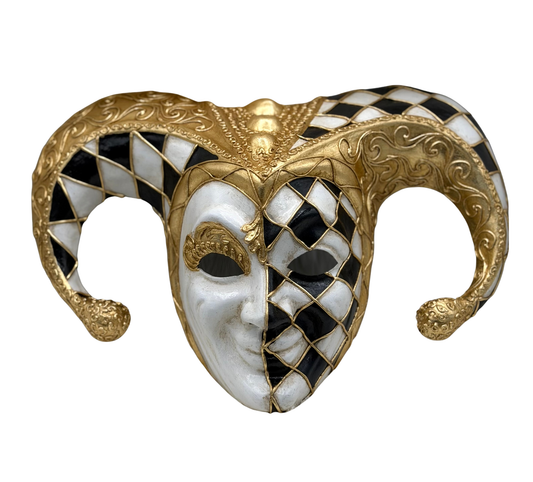 Venetiaans Harlekijn Masker Goud Zwart Wit – Luxe Maskerade & Decoratie