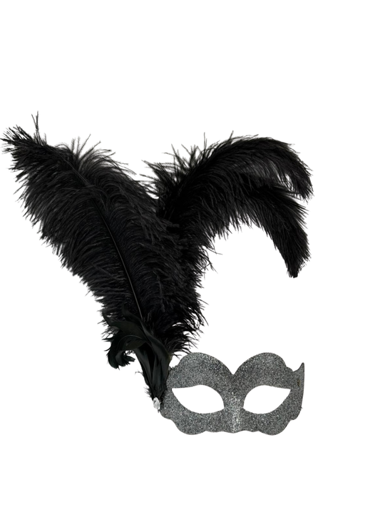 Máscara Veneciana de Mascarada con Brillo Plateado y Plumas Negras