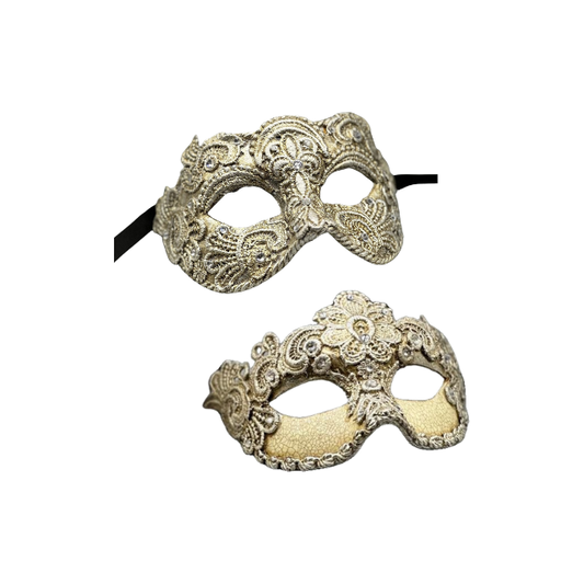 Dos lujosas máscaras de baile venecianas -hombre y mujer- de encaje plateado. Conjunto de máscaras de mascarada para parejas