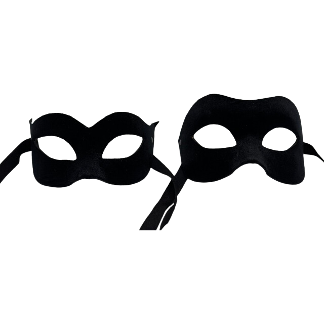 Dos máscaras de baile veneciano - máscara de hombre y máscara de mujer - en terciopelo negro. Máscara de pareja negra.