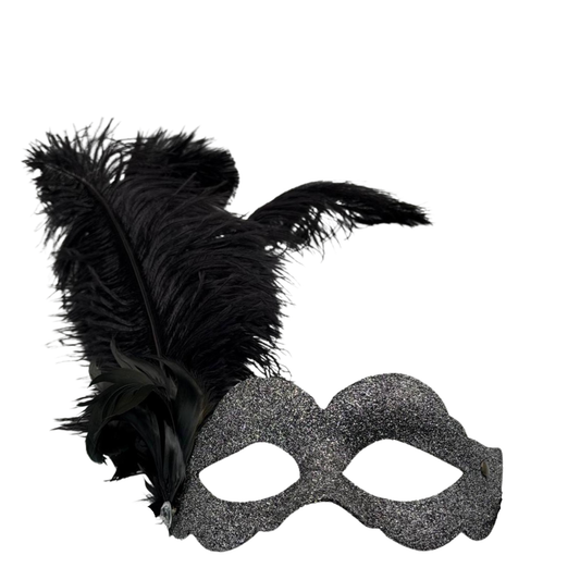 Venezianische Maske aus silbernem Glitzer mit schwarzen Federn